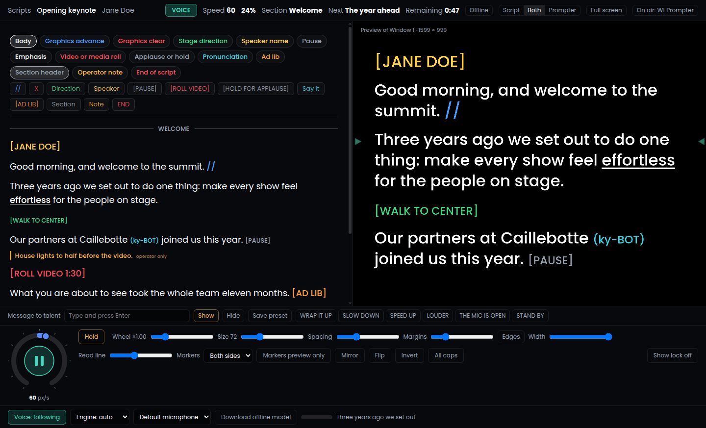 SteadyScroll: Operator view with voice follow